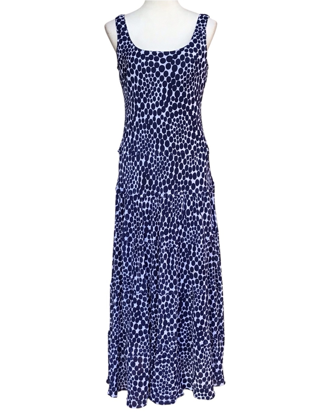 Kasper Blue White Geometric Pattern Tiered Sleeveless Maxi Dress Size 10